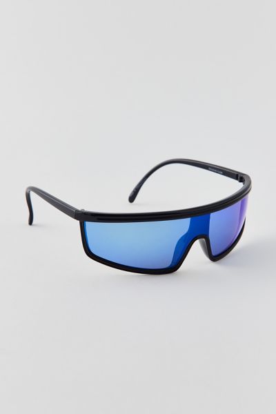 Urban Outfitters '80s Sport Shield Sunglasses In Black/blue Mirror, Women's At