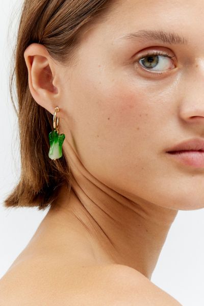 Shop Urban Outfitters Glass Bok Choy Charm Hoop Earring In Gold/green, Women's At