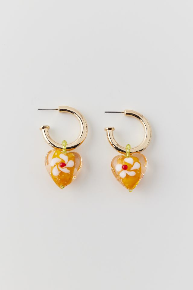Glass Floral Heart Charm Hoop Earring #1