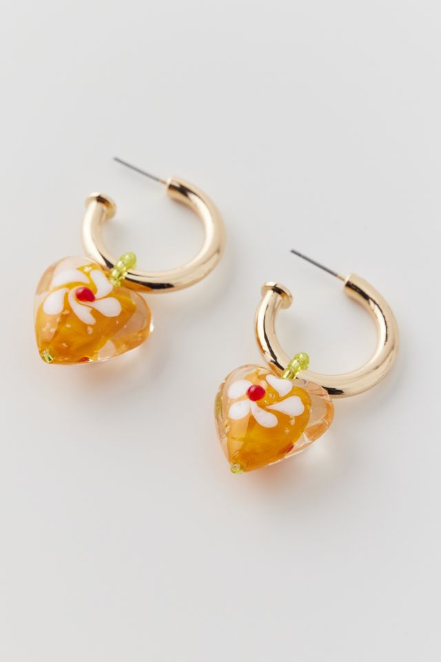 Glass Floral Heart Charm Hoop Earring #2