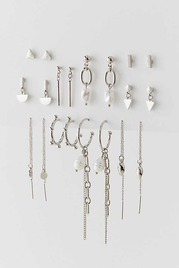 Shop Urban Outfitters Modern Geometric Pearl Post & Hoop Earring Set In Silver, Women's At