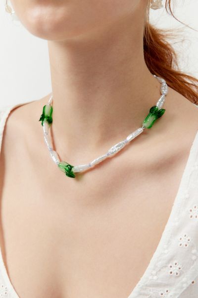 Glass Bok Choy Pearl Choker Necklace