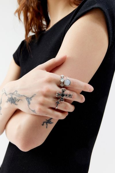 Shop Urban Outfitters Phoenix Cross Ring Set In Silver, Women's At