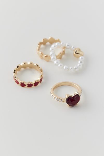 Shop Urban Outfitters Sabrina Rhinestone & Pearl Heart Ring Set In Gold, Women's At
