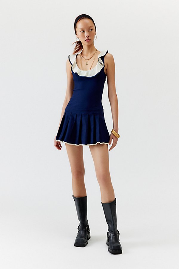 Motel Busari Pleated Mini Dress In Navy, Women's At Urban Outfitters In Blue