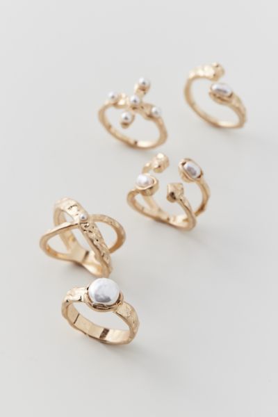 Shop Urban Outfitters Delicate Pearl Ring Set In Gold, Women's At