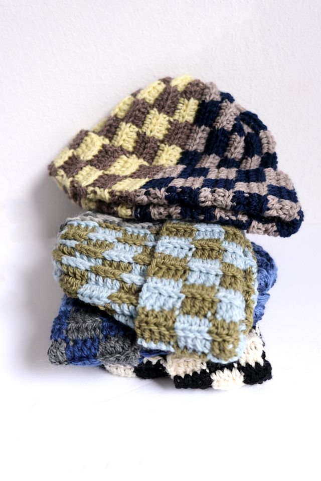 MARVES new york Crochet Checkered Wool Short Roll Beanie #2