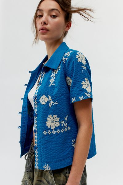 Shop Bdg Souvenir Applique Seersucker Shirt Top In Blue, Women's At Urban Outfitters