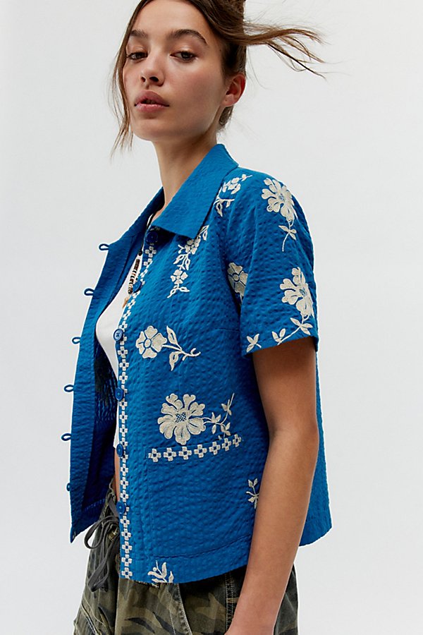 Bdg Souvenir Applique Seersucker Shirt Top In Blue, Women's At Urban Outfitters