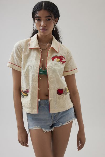 Shop Bdg Souvenir Applique Seersucker Shirt Top In Lobster Embroidery, Women's At Urban Outfitters In Red