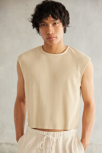 Standard Cloth Boxy Plisse Tank Top In Tan, Men's At Urban Outfitters In White
