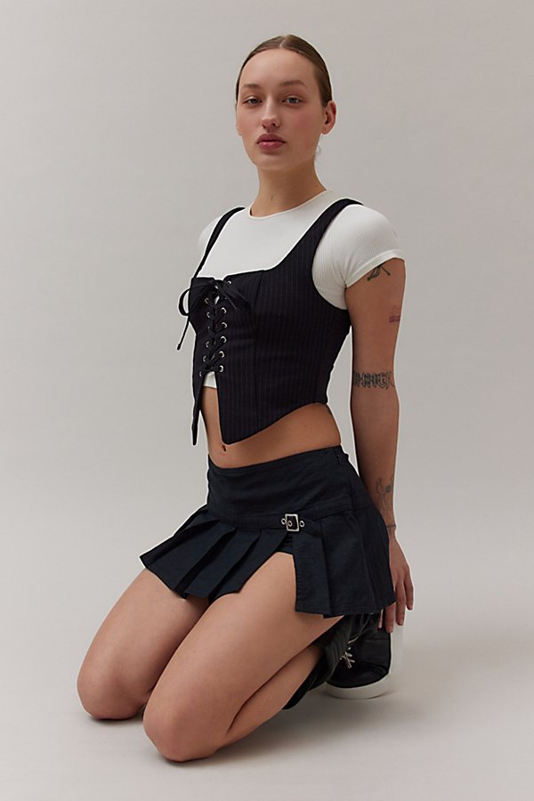 Shop Bdg Shaina Belted Linen Micro Mini Skort In Black, Women's At Urban Outfitters