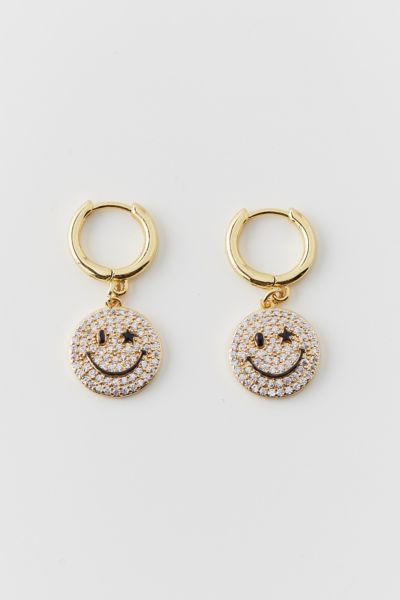 Iced Happy Face Charm Hoop Earring