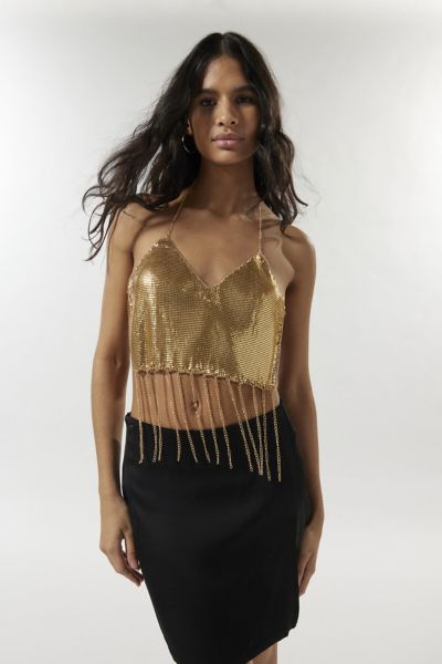 Urban Outfitters Rae Metal Fringe Halter Top In Gold, Women's At