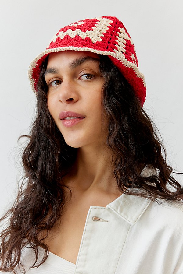 Urban Outfitters Granny Square Crochet Bucket Hat In Red, Women's At