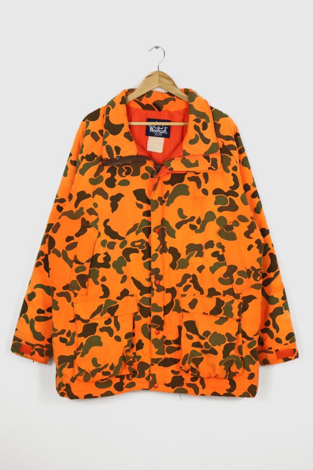 Vintage Woolrich Mens Blaze Orange Camo Coat Jacket Size L Hunting