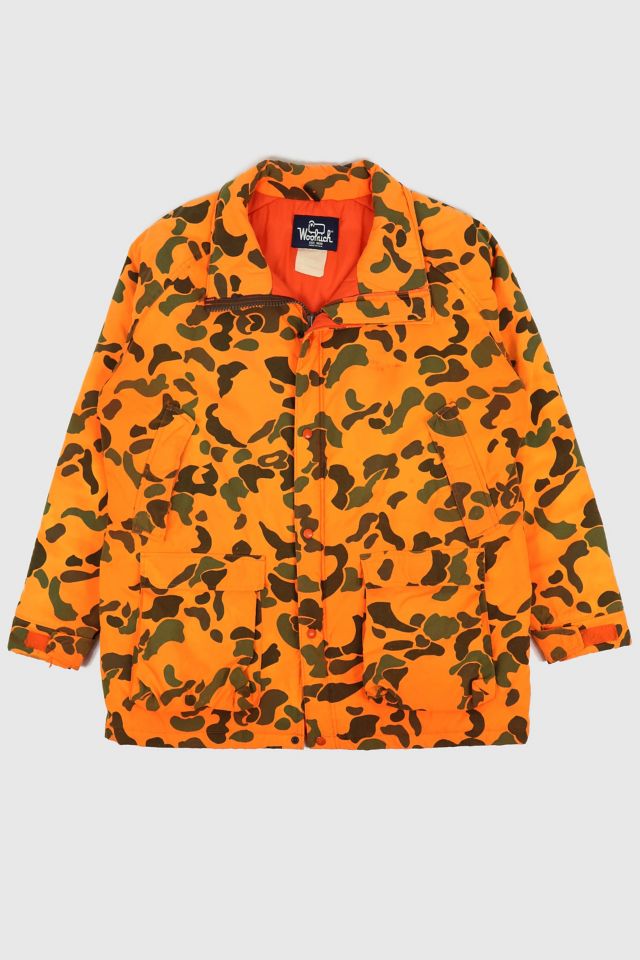 Vintage Woolrich Mens Blaze Orange Camo Coat Jacket Size L Hunting