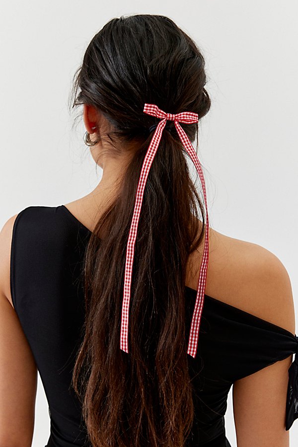 Urban Outfitters Long Gingham Hair Bow Clip In Red, Women's At