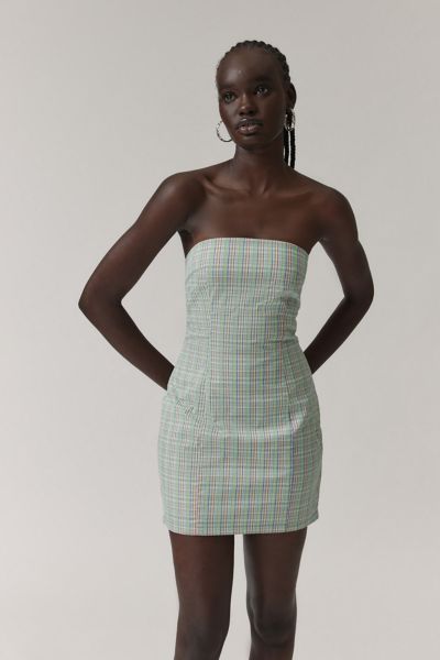 Shop Bdg Plaid Bow-back Strapless Mini Dress In Plaid, Women's At Urban Outfitters