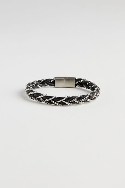 Urban Outfitters Braided Leather & Stainless Steel Bracelet In Black, Men's At
