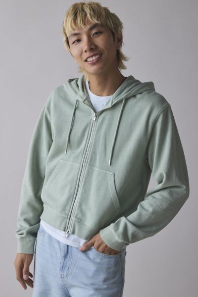 BDG BONFIRE SOLID ZIP-UP HOODIE SWEATSHIRT IN LAUREL GREEN AT URBAN OUTFITTERS 