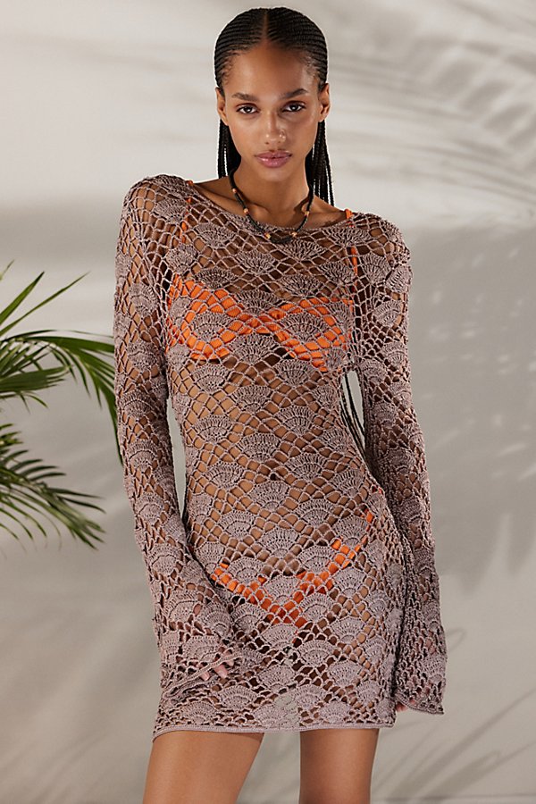 Out From Under Siren Song Crochet Mini Dress Cover-up In Neutral At Urban Outfitters In Gray
