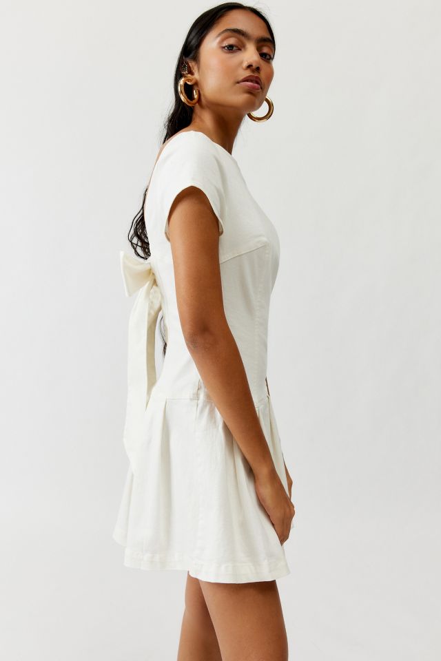 UO Bryan Bow-Back Pleated Drop Waist Denim Mini Dress #2
