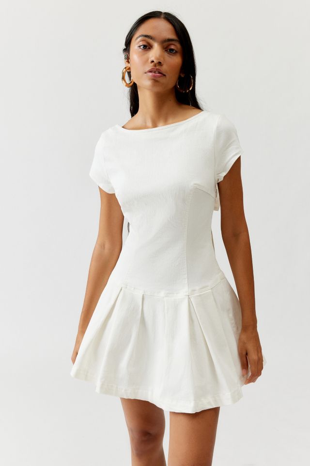 UO Bryan Bow-Back Pleated Drop Waist Denim Mini Dress #3