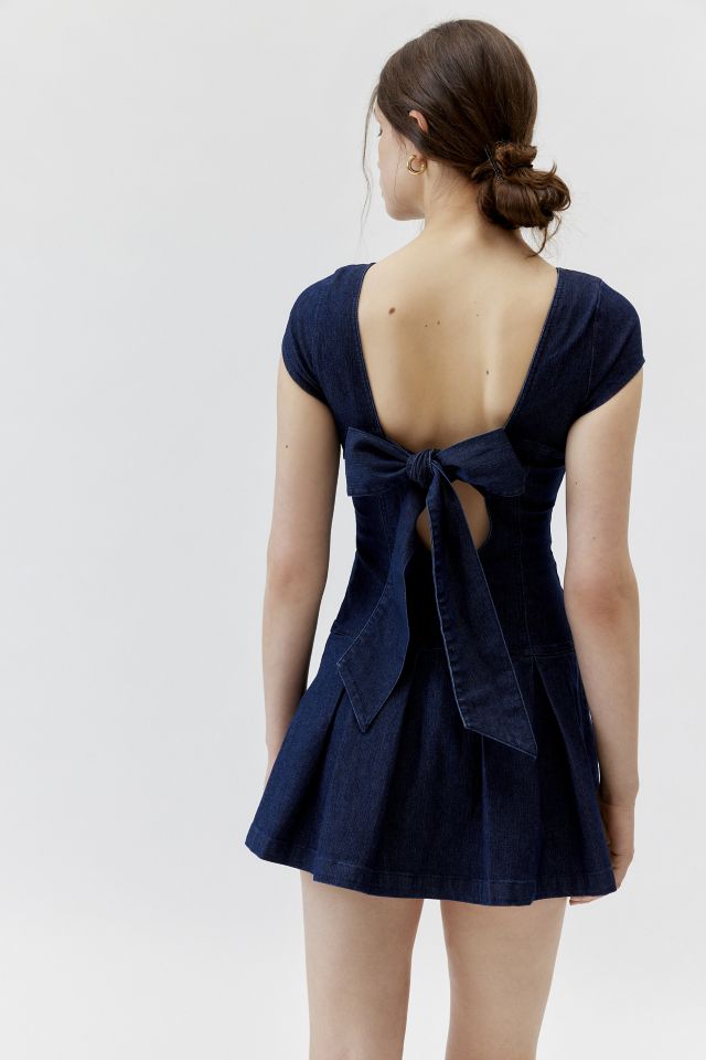 UO Bryan Bow-Back Pleated Denim Mini Dress #1