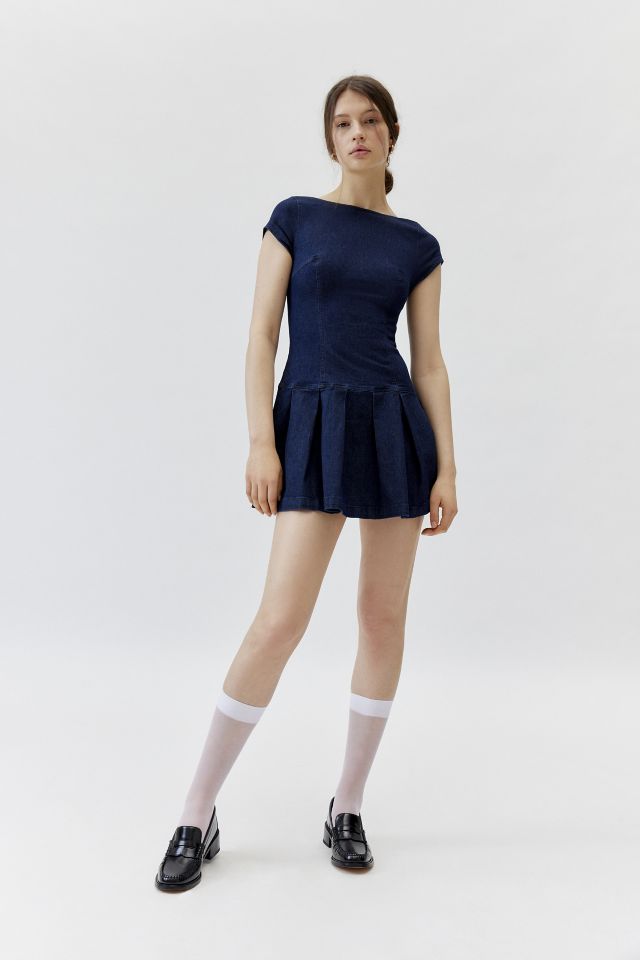 UO Bryan Bow-Back Pleated Denim Mini Dress #3
