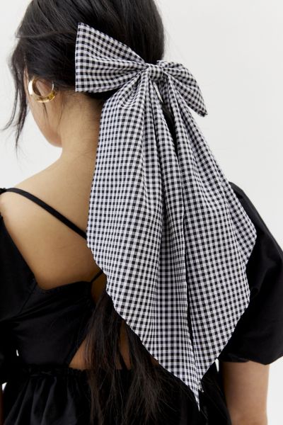 Urban Outfitters Long Gingham Hair Bow Barrette In Black, Women's At