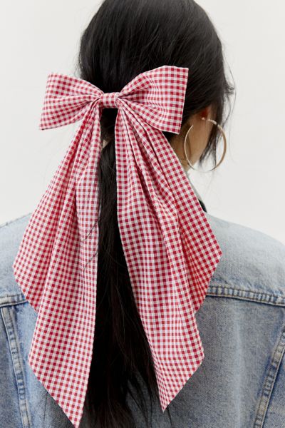 Urban Outfitters Long Gingham Hair Bow Barrette In Red, Women's At