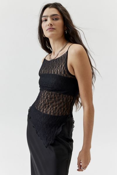 Shop Urban Renewal Remnants Lace Longline Asymmetrical Tank Top In Black, Women's At Urban Outfitters