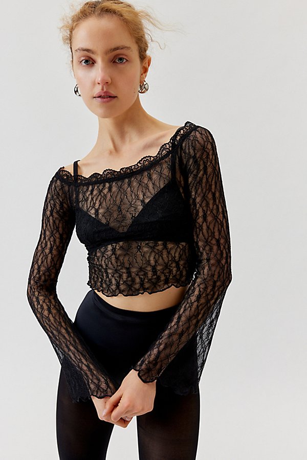 Shop Urban Renewal Remnants Lace Long Sleeve Off-the-shoulder Top In Black, Women's At Urban Outfitters