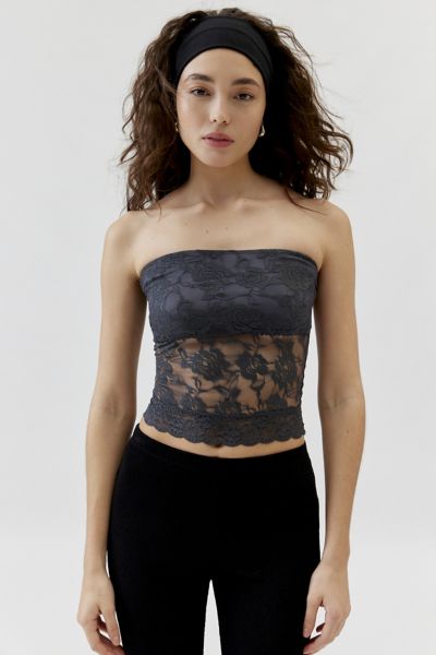 Urban Renewal Remnants Lace Tube Top In Charcoal, Women's At Urban Outfitters In Blue
