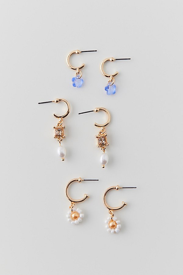 Urban Outfitters Flower And Pearl Charm Mini Hoop Earring Set In Gold, Women's At  In Metallic