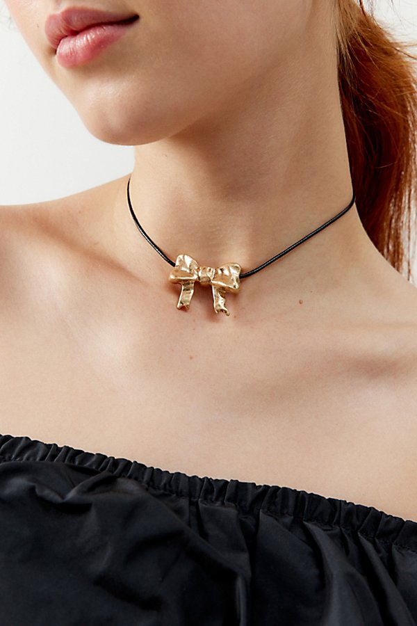 Urban Outfitters Hammered Bow Corded Necklace In Gold, Women's At