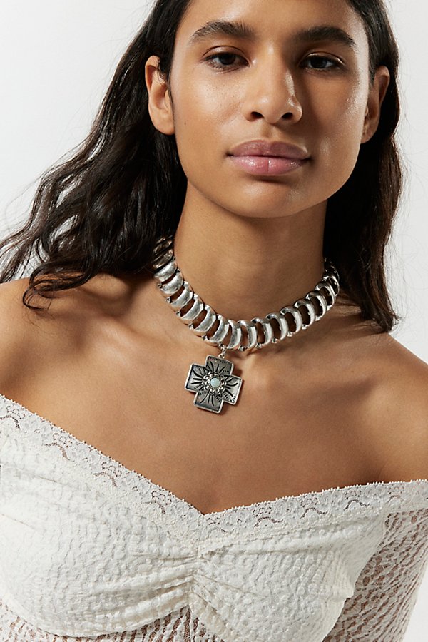 Urban Outfitters Skye Cross Statement Necklace In Silver, Women's At  In Metallic