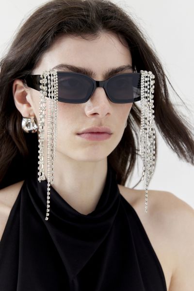 Shop Urban Outfitters Rhinestone Fringe Rectangle Sunglasses In Black, Women's At