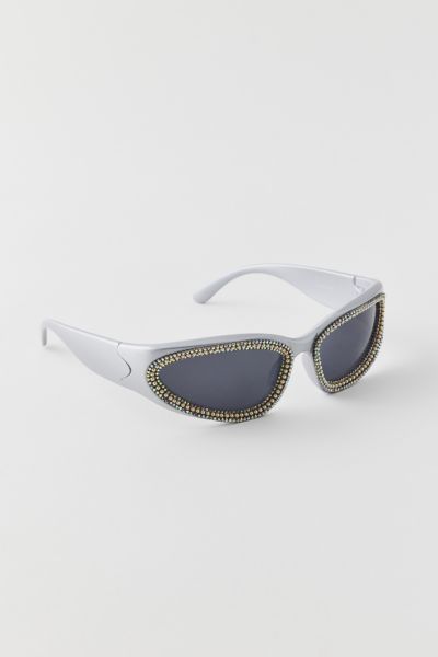 Shop Urban Outfitters Rhinestone Wraparound Sunglasses In Silver Smoke, Women's At