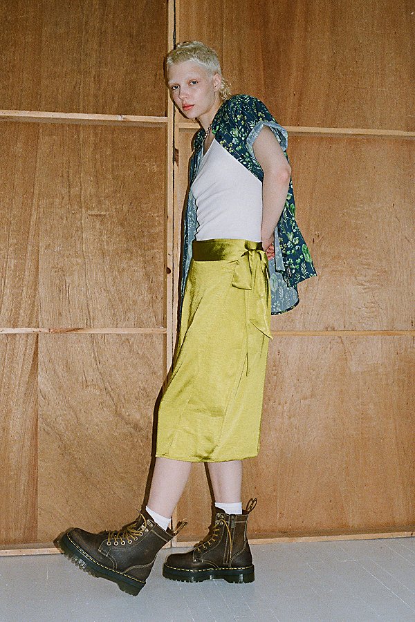 Shop Wildfang Uo Exclusive The Empower Satin Wrap Skirt In Chartreuse At Urban Outfitters