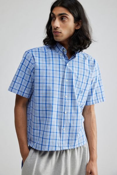 Shop Urban Renewal Remade Cropped Short Sleeve Checkered Shirt In Cool Tones, Men's At Urban Outfitters
