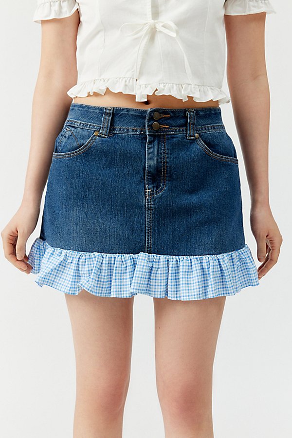 Shop Urban Renewal Remade Checkered Ruffle Denim Mini Skirt In Assorted, Women's At Urban Outfitters