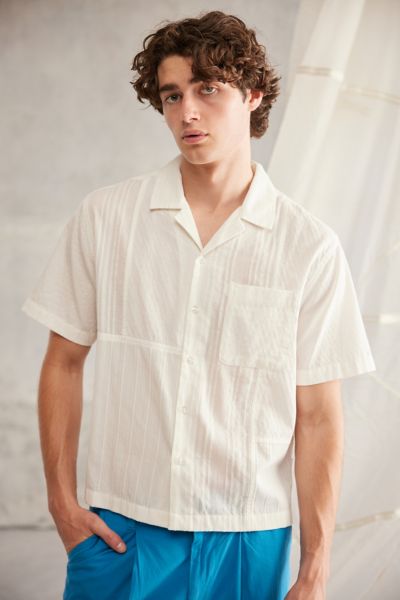 Standard Cloth Blocked Cotton Dobby Button-down Shirt Top In White, Men's At Urban Outfitters
