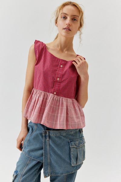 Shop Urban Renewal Remade Checkered Peplum Top In Red, Women's At Urban Outfitters