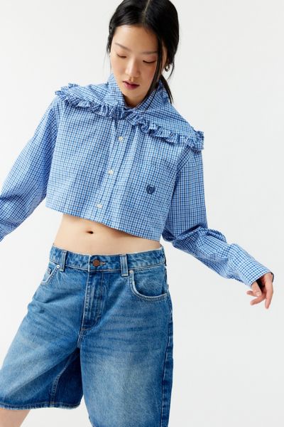 Shop Urban Renewal Remade Cropped Checkered Top In Blue, Women's At Urban Outfitters