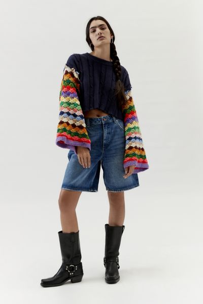 Shop Urban Renewal Remade Crochet Bell Sleeve Cropped Sweater In Navy, Women's At Urban Outfitters