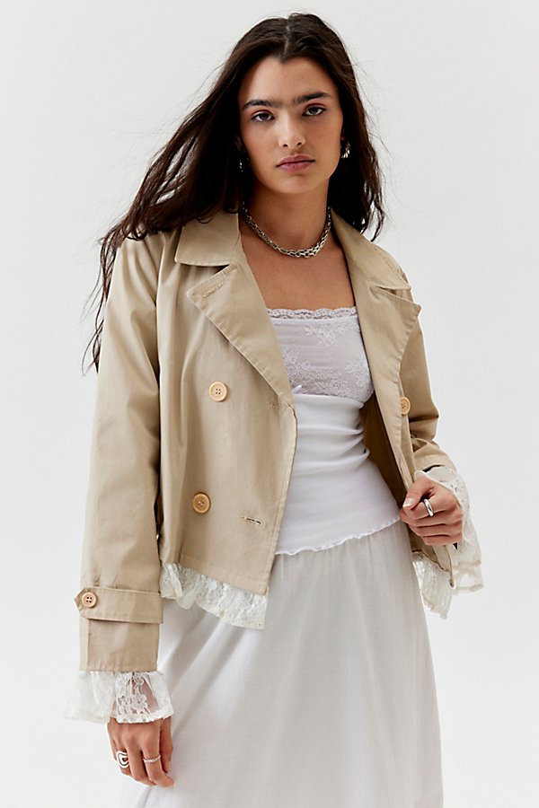 Urban Renewal Remade Cropped Lace Trim Trench Coat Jacket In Khaki, Women's At Urban Outfitters