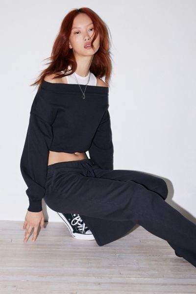 Shop Out From Under Bubble Hem Cropped Sweatshirt In Black, Women's At Urban Outfitters