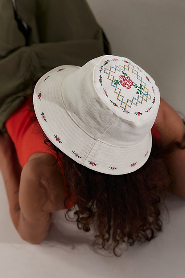 Hansel From Basel Embroidered Rose Bucket Hat In White, Women's At Urban Outfitters